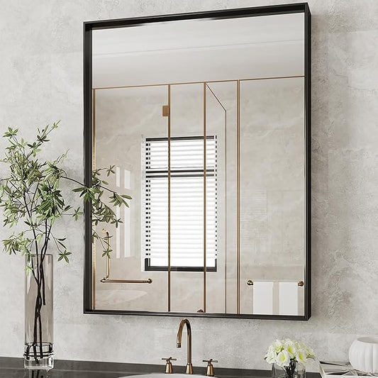 Suidia Bathroom Mirror, 24" x 32" Wall Mirror Metal Framed, Bathroom Vanity Mirror for Living Room Bedroom Bathroom Entryway, Black, Rect Corner Style