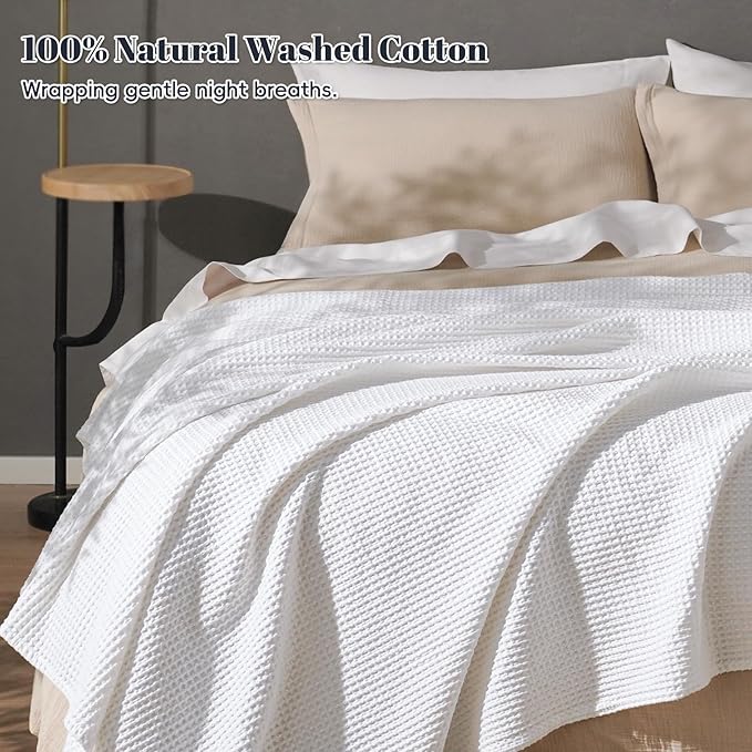PHF 100% Cotton Waffle Weave Blanket Twin Size for Bed,Snag Proof Lightweight Breathable Moisture-Wicking Throw for Couch,Great for Layering in Cold Weather,Machine Washable,Home Decor Gift-White