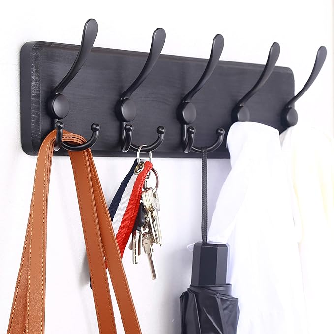 WEBI Coat Rack Wall Mount,Coat Hooks Wall Mounted Rustic,16" Hole to Hole,Large Coat Hanger Wall,Wood Hook Rack,5 Triple Hooks for Hanging Coats,Jacket,Clothes,Black