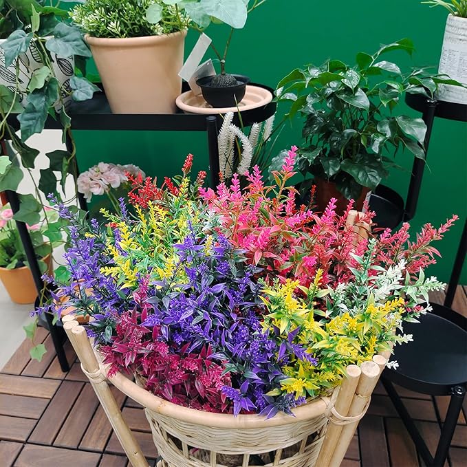 21 Bundles Faux Plants Outdoor Fake Flowers Artificial Flowers Fake Shrubs Greenery Bushes Bouquet UV Resistant Faux Bushes Plastic for Home Garden Decor (7 Colors)