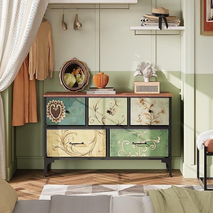 WLIVE Dresser for Bedroom with 5 Drawers, Wide Chest of Drawers, Fabric Dresser, Storage Organizer Unit with Fabric Bins for Closet, Living Room, Hallway, Floral Painted