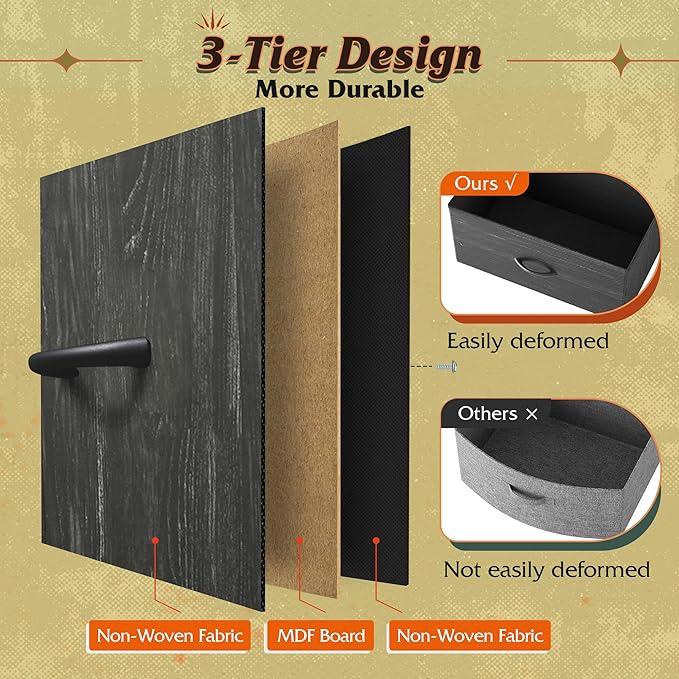 WLIVE Fabric Dresser for Bedroom with Open Shelves, Tall Dresser with 8 Drawers, Storage Tower with Fabric Bins, Chest of Drawers for Closet, Living Room, Hallway, Charcoal Black Wood Grain Print
