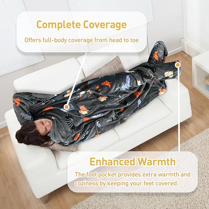 Catalonia Wearable Fleece Blanket with Sleeves and Foot Pockets for Adult Women Men, Micro Plush Comfy Wrap Sleeved Throw Blanket Robe Large, Gray Dog
