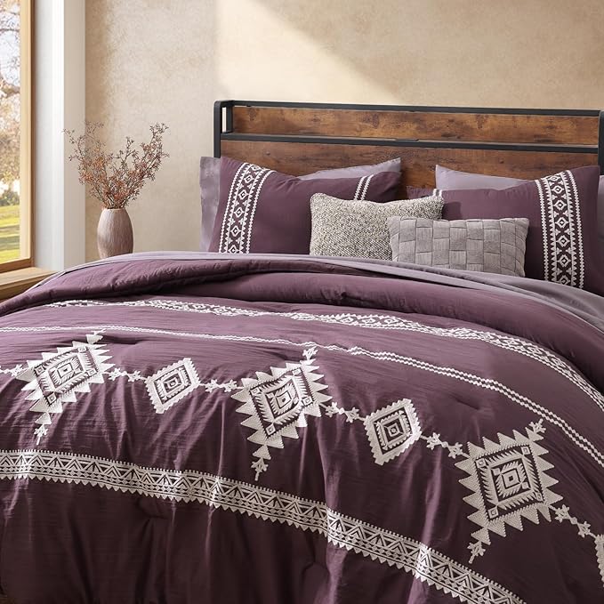 MaiRêve Embroidery Full Size Comforter Set Purple, Farmhouse Western Boho Bedding Set 7 Pieces, All Season Bed in A Bag Comforter Set with Sheets, Pillowcases & Shams