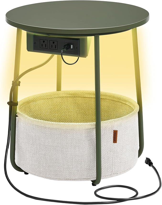 VASAGLE LILEA Collection - Side Table with Charging Station, Round End Table with Fabric Basket, LED Nightstand with USB Ports, Modern, for Living Room, Forest Green and Cream White ULET227C01