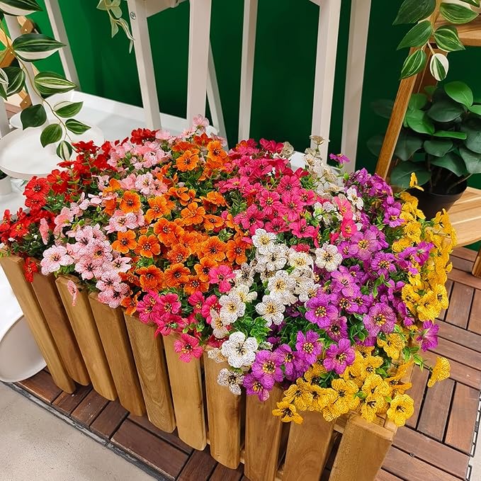 28 Bundles Silk Daisy Fake Plants Faux Flowers UV Resistant Fake Bushes Plastic Artificial Flowers Faux Outdoor Indoor Plants for Spring Summer Decoration (7 Colors)