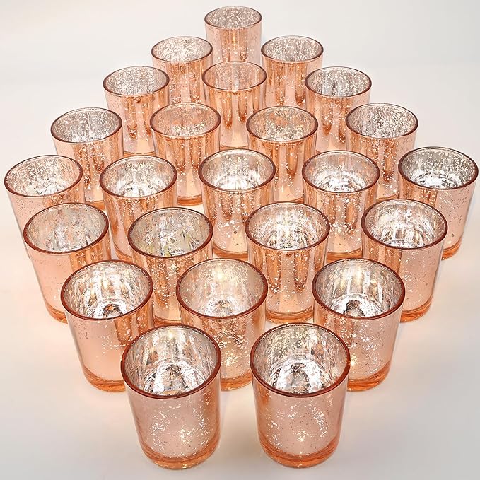 24 Pcs Rose Gold Votive Candle Holders, Speckled Mercury Rose Gold Glass Candle Holder Bulk for Wedding Centerpiece Table Decor, Tea Lights Candle Holder for Valentines Day Decor, Home Decor