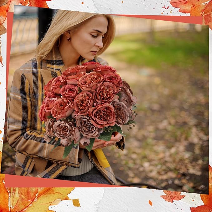 Geosar 16 Bundles Artificial Peonies Flowers Fake Silk Peony Bouquet Faux Peonies Flowers Bulk for Decoration Vase Floral Arrangements Wedding Party Table (Orange,Brown)