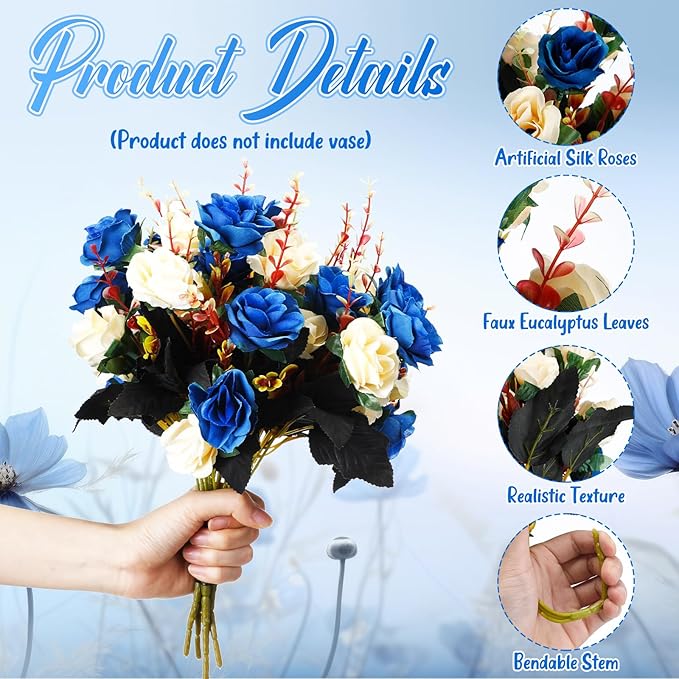 Hotop 24 Bunches of Artificial Flowers Centerpiece 13 Inches Silk Faux Roses Bouquets for Table Decoration Realistic Bouquet Arrangement Boho Faux Flowers for Wedding (Dark Blue)