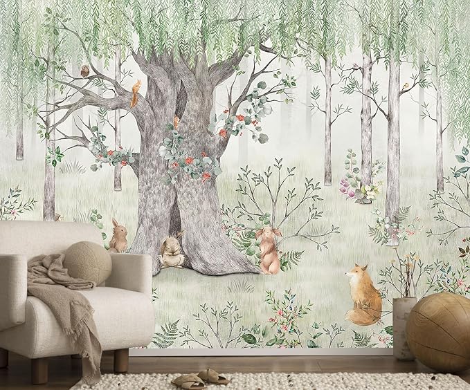 Watercolor Forest Animals Wallpaper Kids Large Tree Mural Wallpaper for Kids Bedroom Living Room(Not Self-Adhesive)