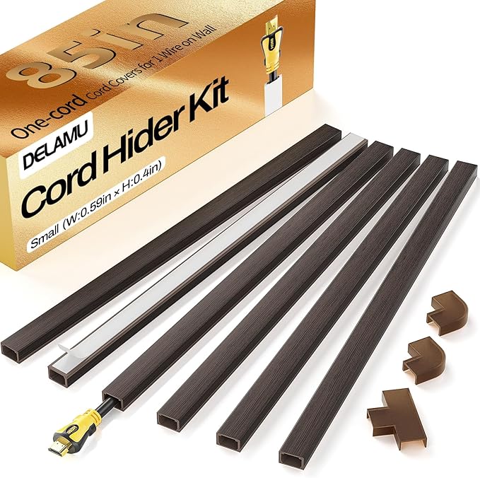 Delamu Cord Hider, 85in Cord Covers for 1 Wire on Wall, One-Cord Cable Hider, Easy Mount Wire Hiders Wire Covers for TV Cords on Wall, PVC Cable Cover Management Kit, 6X L14.2 W0.59 H0.4in, Darkwood