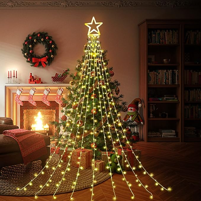 FUNIAO Christmas Lights, 320 LED String Lights with 12" Plastic Star Tree Topper, 8 Modes Outdoor Waterproof Christmas New Year Parties, Yard, Garden, Home Decor (Warmwhite)
