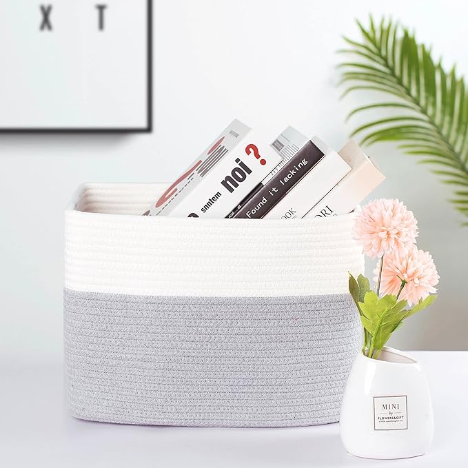 MINTWOOD Design 3-Pack Storage Baskets for Shelves, Playroom and Classroom, Book Basket, Decorative Storage Cube Bins, Woven Closet Organizers, Pantry and Shoe Organizer, Grey
