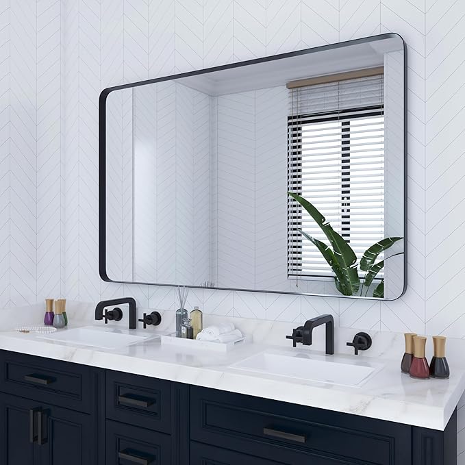 VocalStar 55 x 36 Inch Black Bathroom Mirror for Wall, Large Rounded Rectangle Metal Framed Bathroom Wall Vanity Mirror Farmhouse, 1/4-inch Shatterproof Glass | Ultra-Flush Hanging