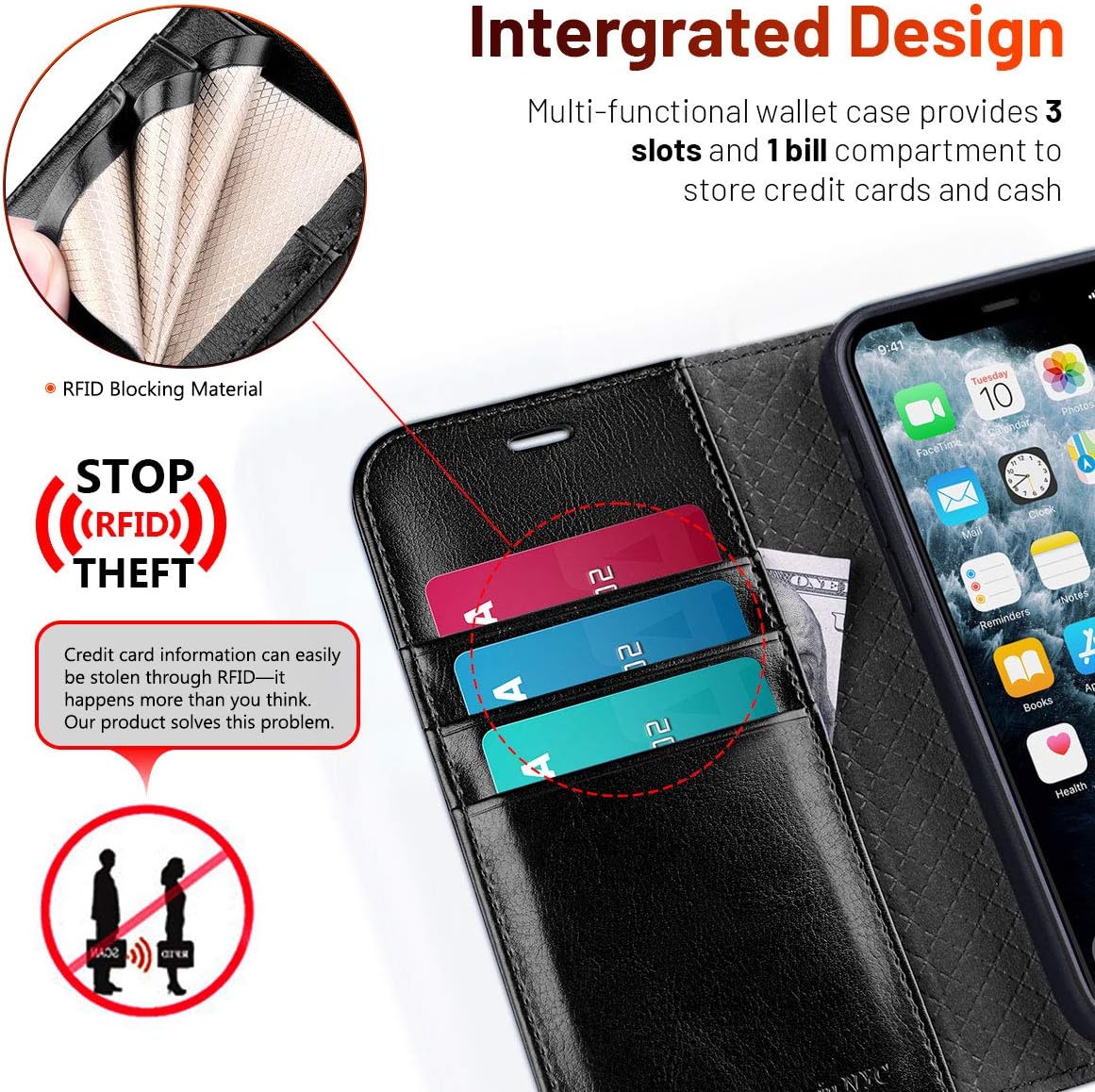 OCASE iPhone 12 Pro Max Wallet Case, Black PU Leather Flip Folio with Card Holders, RFID Blocking, Kickstand