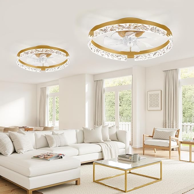 LEDIARY 2 Pack 20 Inch Low Profile Ceiling Fan with Lights and Remote, Dimmable Fandelier Ceiling Fans, Gold Modern Flush Mount Ceiling Fan with 3 Color Temperature Change and 6 Speeds