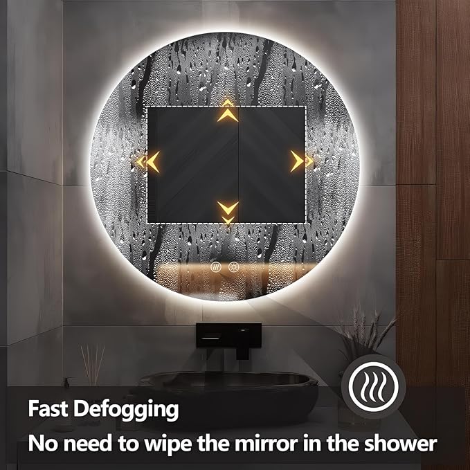 Niccy Round Led Mirror for Bathroom, 30" Circle Frameless Backlit Mirror wiht Light, Anti-Fog, 3 Colors, Waterproof, Memory Function