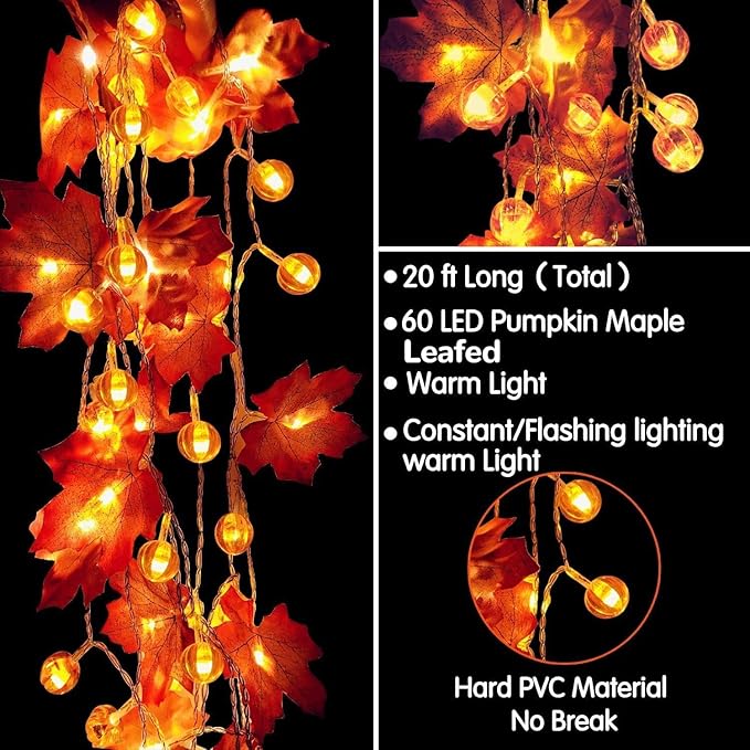 2 Pack Thanksgiving Decorations Fall Garland with Pumpkin Lights Fall Decorations for Home, Total 60 LED 20 Ft Maples Leaves Thanksgiving Lights Battery Operated Autumn Decor Indoor Outdoor Christmas
