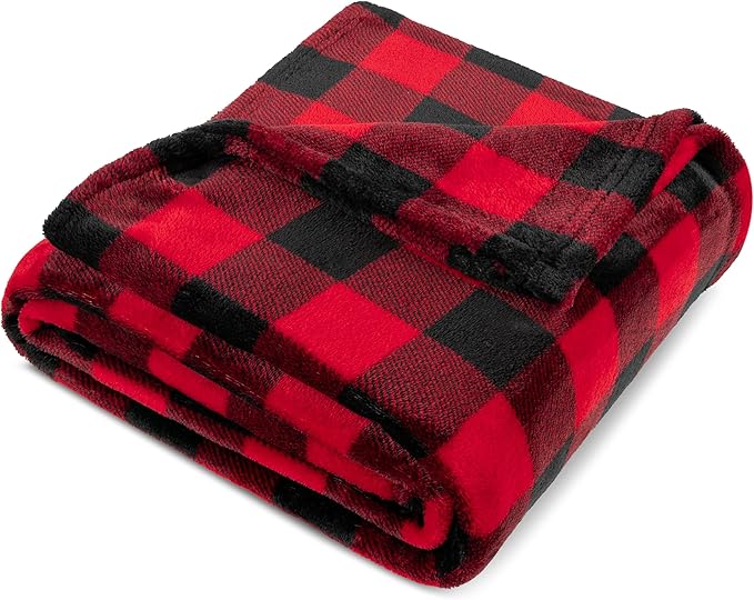 PAVILIA Black and Red Buffalo Plaid Fleece Bed Blanket King Size, Soft Checkered Flannel Blanket for Sofa, Plaid Christmas Couch Throw Bed, Warm Cozy Decorative Blanket Fall Decor Gift, 90x90