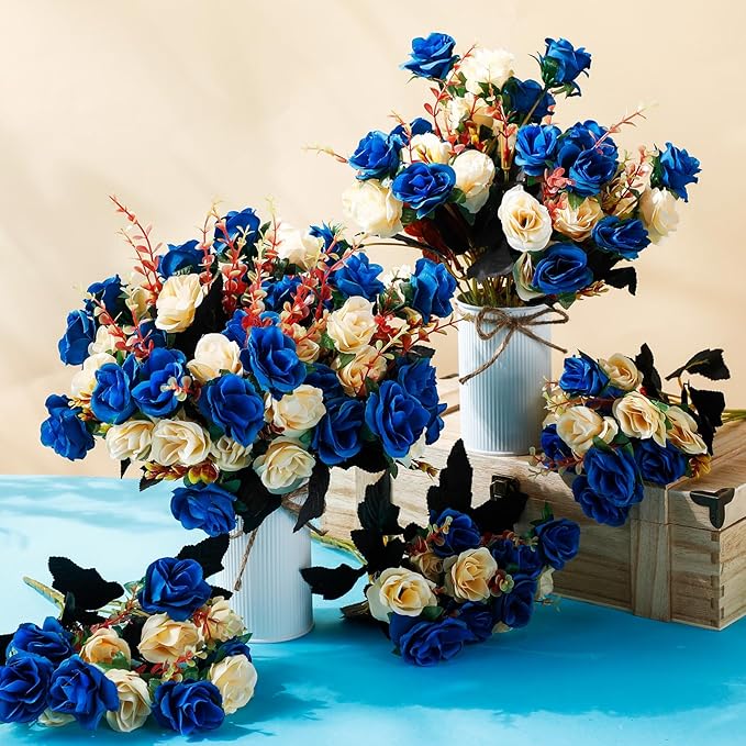 Hotop 12 Bunches of Artificial Flowers Centerpiece 13 Inches Silk Faux Roses Bouquets for Table Decoration Realistic Bouquet Arrangement Boho Faux Flowers for Wedding (Dark Blue)