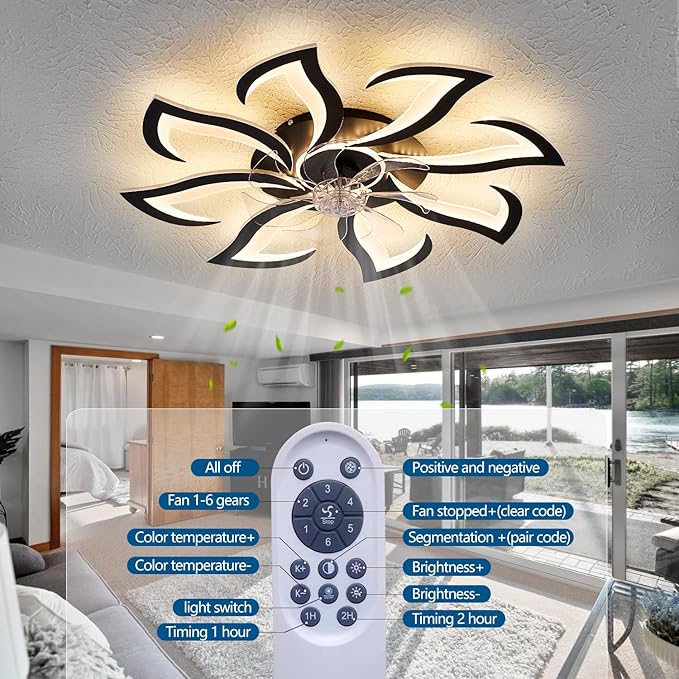Modern Ceiling Fan with Lights Remote Control, 32" Black 6 Speeds 3 Light Color Low Profile Flush Mount Ceiling Fan for Kitchen Bedroom