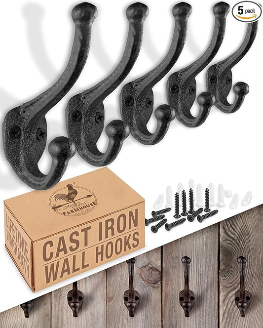 Rustic Cast Iron Coat Hooks (5 Pack) Wall Mounted Farmhouse Decorative Wall Hooks, Vintage Hooks for Hanging Coats, Bags, Hats, Towels (Antique Black, Includes Hardware)