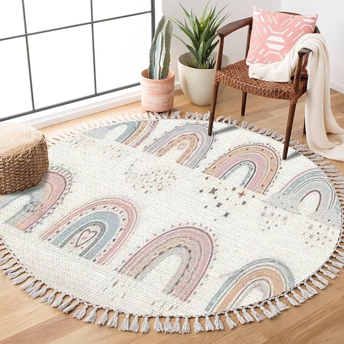 Round Boho Rug Scandinavian Cartoon Rainbows with Clouds Flowers and Stars in Pastel Area Linen Carpet Patio Hallway Runner Mat Pad Minimalist Home Decor for Living Room Outdoor, 3 ft