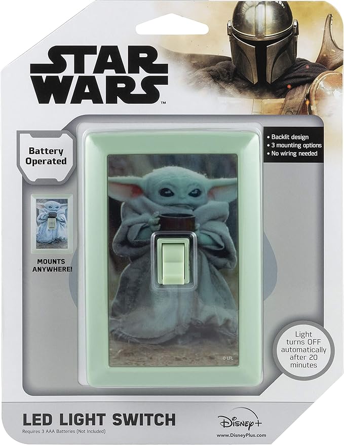 STAR WARS The Child Wall Switch, Battery Operated, Night Light, Wireless, Baby Yoda, Mandalorian, ON/Off, LED Light Switch, Perfect for Bedrooms, Bathrooms, Nursery, Game Room and More, 53291