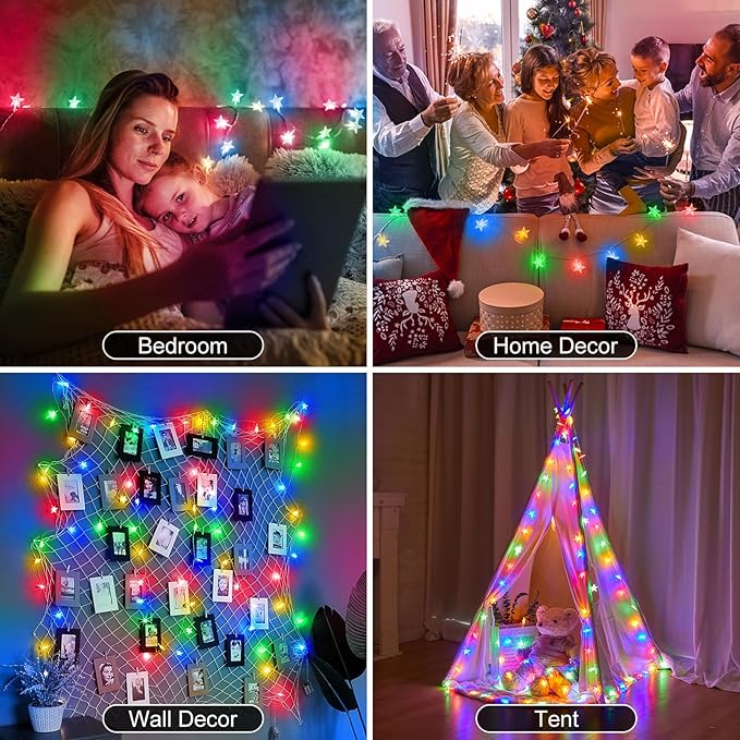 Brightown Star String Lights Battery Operated - 2 Pack 17 ft 50 LED Star Fairy String Lights with Remote and Timer, 8 Modes Waterproof for Bedroom Tent Loft Bed Patio Party Wedding Decor, Multicolor