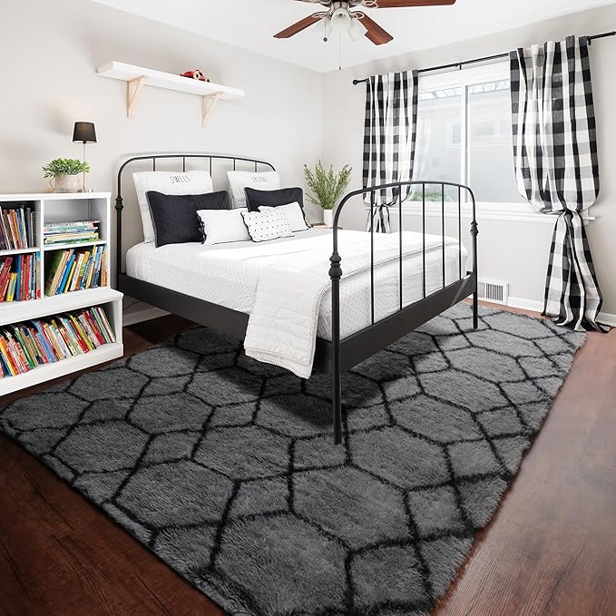 ONASAR 5x7 Area Rugs for Living Room Bedroom, Washable Fluffy Grey and Black Throw Rug, Geometric Boho Soft Plush Shaggy Floor Carpet for Nursery Kids Girls Boys Teen Dorm Home Decor Aesthetic