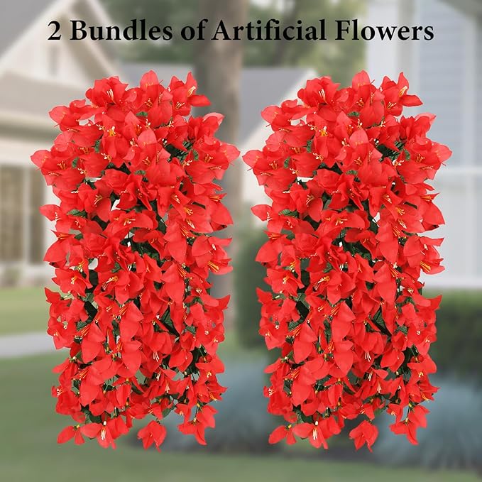 NESCCI Bougainvillea Artificial Flowers Plants for Outdoor Outside Fall Autumn Decor, 2 PCS Faux Silk Long Trailing Vines UV Resistant Fake Flowers for Front Door Porch Planter Urn Patio