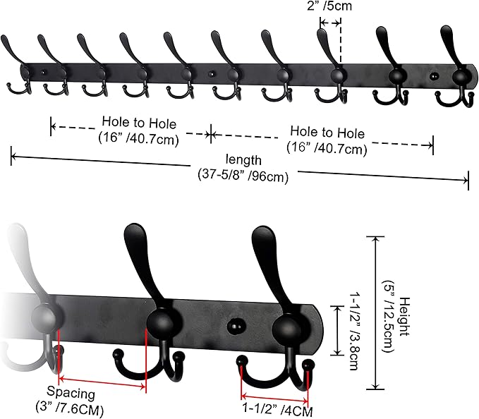 Dseap Coat Rack Wall Mount - 38” Long 10-Tri-Hooks Heavy Duty Coat Hanger Rail Wall Hooks for Hanging Coats Hats Clothing Clothes Purse Mudroom Entryway, Black, Pack of 2