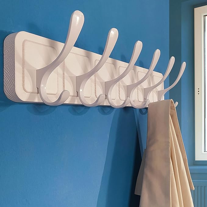 SKOLOO Coat Rack Wall Mount - Scandi-Style Wooden Carved-Block Coat Hook,Pack of 2, Wall Coat Hanger with 6 Hooks for Hanging Coats, Hats, Clothing, Scarfs, White