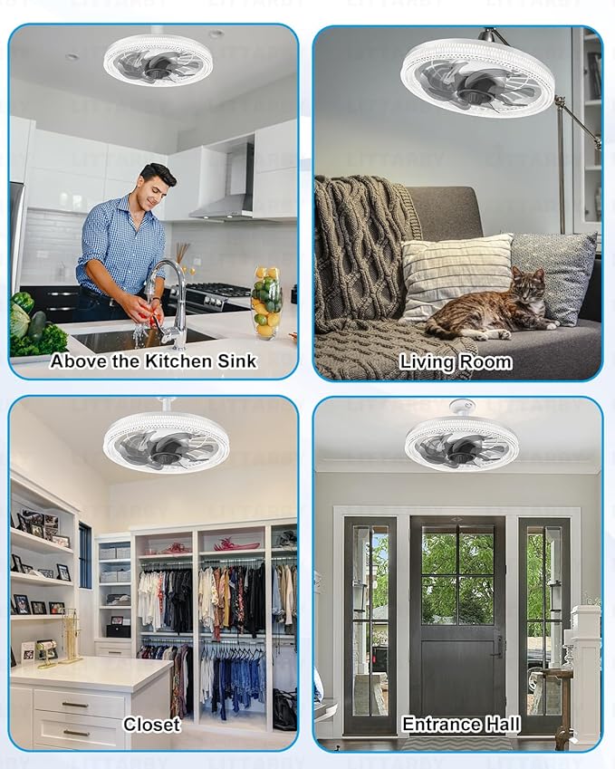 Ceiling Fans with Lights, Socket Fan Light with Remote Control, Dimmable Brightness 3000K-6500K Memory, Socket Modern Flush Mount Low Profile Ceiling Fan for Bedroom, Small Living Room, Kitchen White