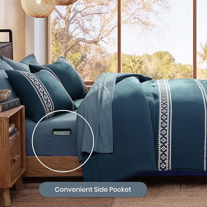 MaiRêve Embroidery King Size Comforter Set Navy Blue, Boho Farmhouse Western Bedding Set 7 Pieces, All Season Bed in A Bag Comforter Set with Sheets, Pillowcases & Shams