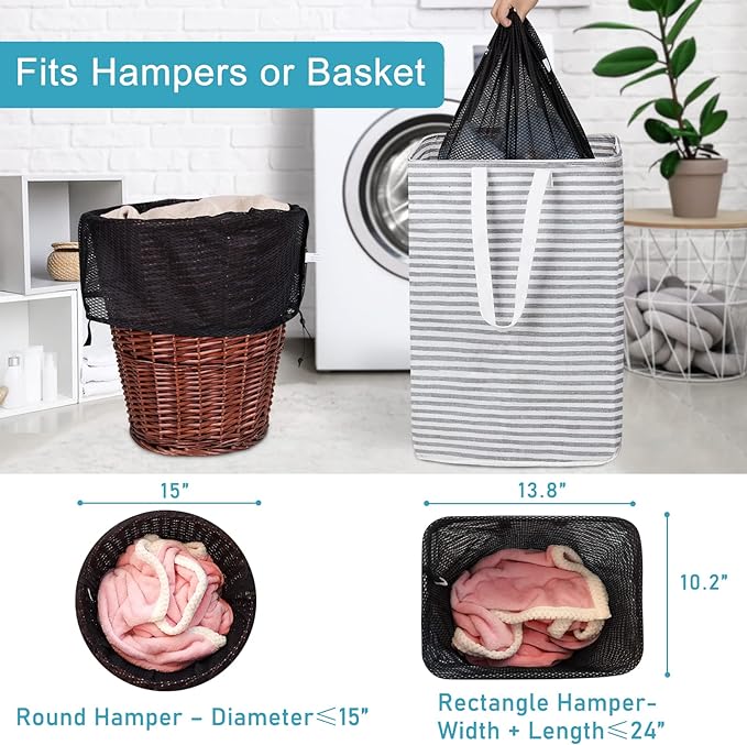 Polecasa Heavy Duty Large Mesh Laundry Bags with ID Tag and Locking Drawstring Closure - 2 Pack, 24 x 36 inches - Laundry Hamper Liner, Washable Laundry Bag for Travel, Sports, Dorms (Black)