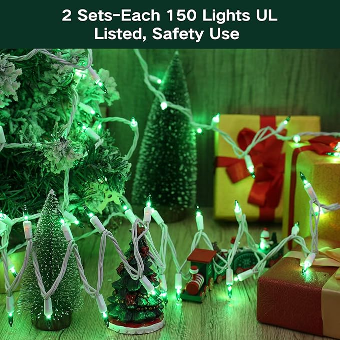 Brizled Green Christmas Lights, 69.6ft 300 Count Mini String Lights Connectable, 120V UL Certified Incandescent Light White Wire, Green Xmas Tree Light for Indoor Outdoor Xmas Halloween Tree Party