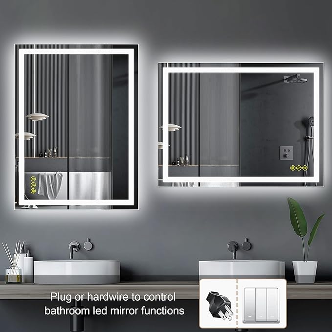 Wall-Mounted LED Square Bathroom Mirror, Makeup Mirror (32 inches x 24 inches,) 3 Color Dimming Bathroom Vanity Mirror with Lights Smart Mirror with Touch (Horizontal/Vertical)