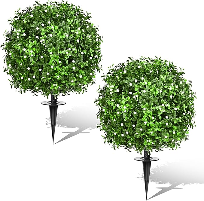 23" Set of 2 Artificial Boxwood Topiary Ball with Spikes Gypsophila Flowers for Outdoor, UV Resistant Faux Greenery Shrubs, Realistic Fake Bushes Plants for Garden, Yard, Front Porch, Patio Decor