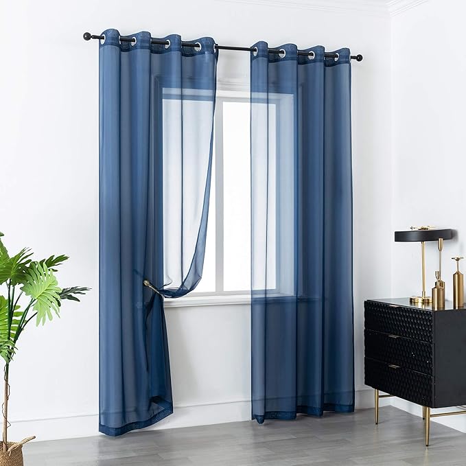 DUALIFE Navy Blue Curtains 120 Inches Long for Living Room 2 Panels Window Semi Voile Drapes Extra Length Solid Transparent Dark Blue Curtains for Bedroom Party Backdrop 52x120 Inch Length Indigo Blue