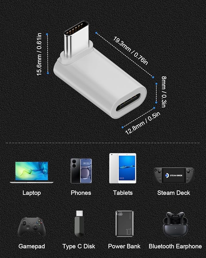 Danfetsoy 90 Degree USB C Male to Female Adapter 4pcs, 140W USB C to Type C L Shape Right Angle Connector Suitable 8K@60Hz for Laptop, Phones, etc (4 Pack)