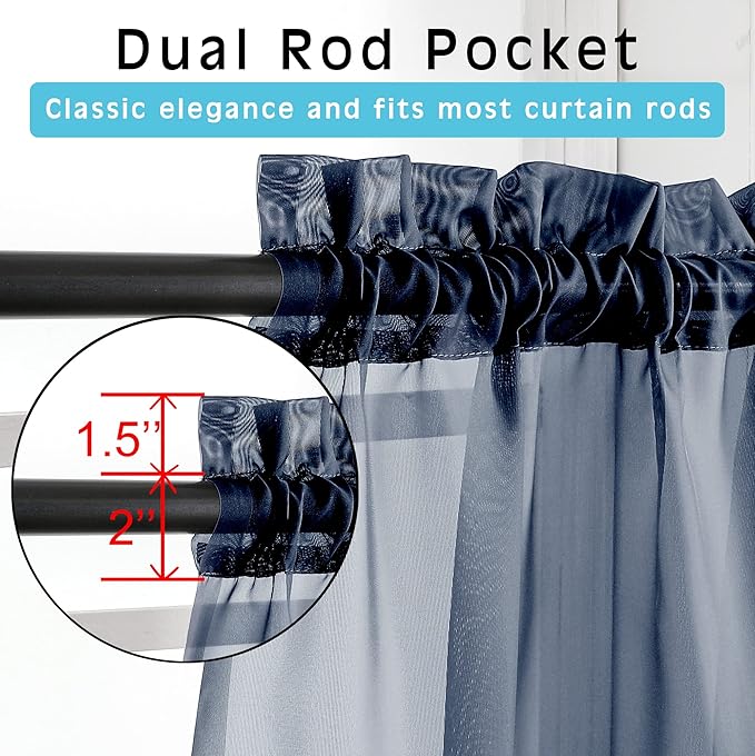 OWENIE Blue Sheer Curtains 36 Inches 2 Panels Set - Kitchen Tiers Valances Curtains Light Filter Rod Pocket Voile Cafe Curtains for Kitchen Bathroom Small Half Window, 42 in W x 36 in L, Navy