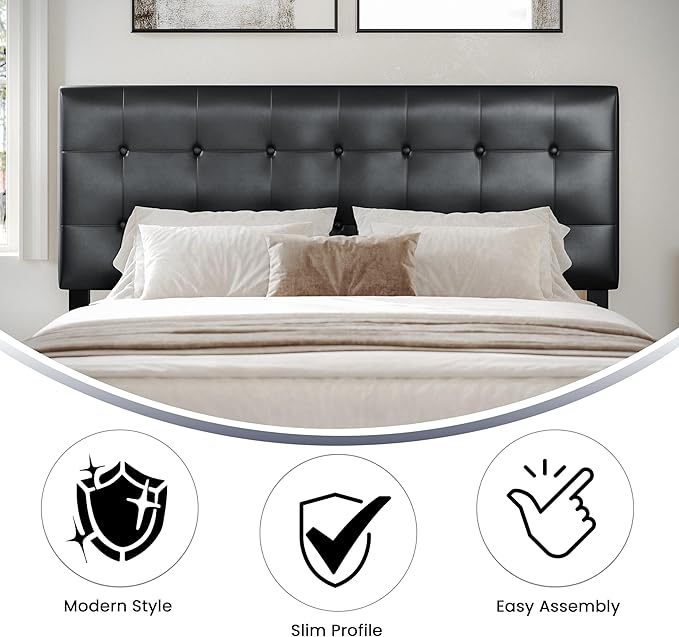 Flash Furniture Lennox Tufted Upholstered Headboard for Queen Size Bed, Contemporary Vinyl Tufted Headboard with Adjustable Height, Black
