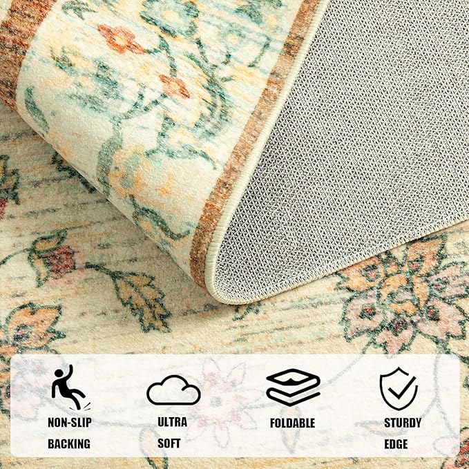 LOCHAS Washable Area Rugs 4x6, Beige Floral Rug for Living Room Bedroom Non Slip, Ultra Soft Vintage Indoor Carpet for Kids, Nursery, Dorm, Dining Room, Classroom, Boho Flower Home Decor, Low-Pile