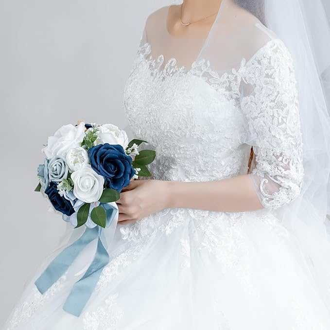 ponatia Dusty Blue Wedding Bouquets for Bride Bridesmaid, White Wedding Artificial Roses Flowers for Wedding Bouquets Ceremony, Anniversary (Dusty Blue & White)