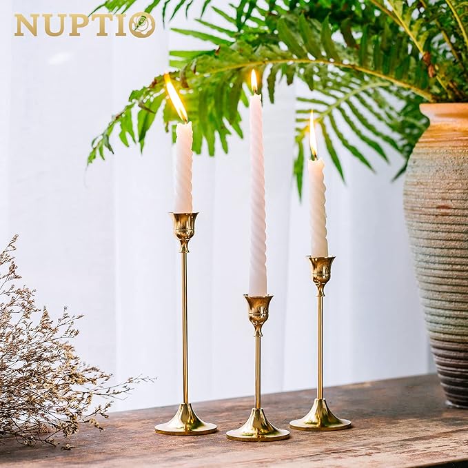 2 Sets(6 Pcs) Brass Gold Metal Taper Candle Holders Candlestick Holders, Vintage Modern Decorative Centerpiece Candlestick Holders for Table Mantel Wedding Housewarming Gift