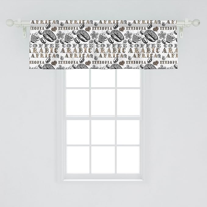 Ambesonne Modern Window Valance Pack of 2, Coffee Beans with Ornamental Words Ethiopians Pattern, Rod Pocket Curtain Valances for Kitchen Bedroom, 54" X 18", Sand Brown Black