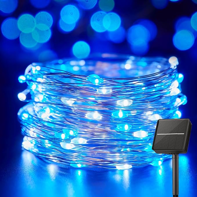 Minetom Solar String Lights for Outside, 33Ft 100 LED Outdoor Solar Fairy Lights, 8 Modes Balcony Lights for Tree Patio Christmas Party Decor (Blue and White)