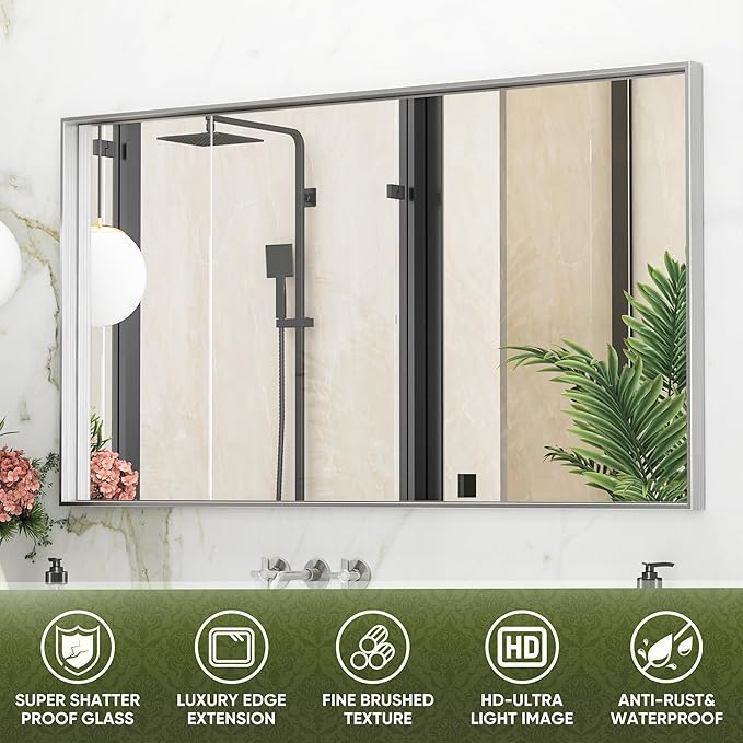 Suidia Bathroom Mirror, 60" x 30" Wall Mirror Metal Framed, Bathroom Vanity Mirror for Living Room Bedroom Bathroom Entryway, Silver, Rect Corner Style