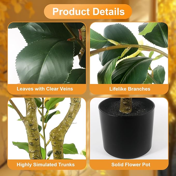 Faux Outdoor Plants 2 Pcs - 39’’ Artificial Camellia Tree Potted with Yellow Flowers, Artificial Plants Outdoor Porch Front Door Garden Indoor Office Home Wedding Decor Housewarming Gift
